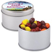 Assorted Fruit Skittles in Silver Round Tin